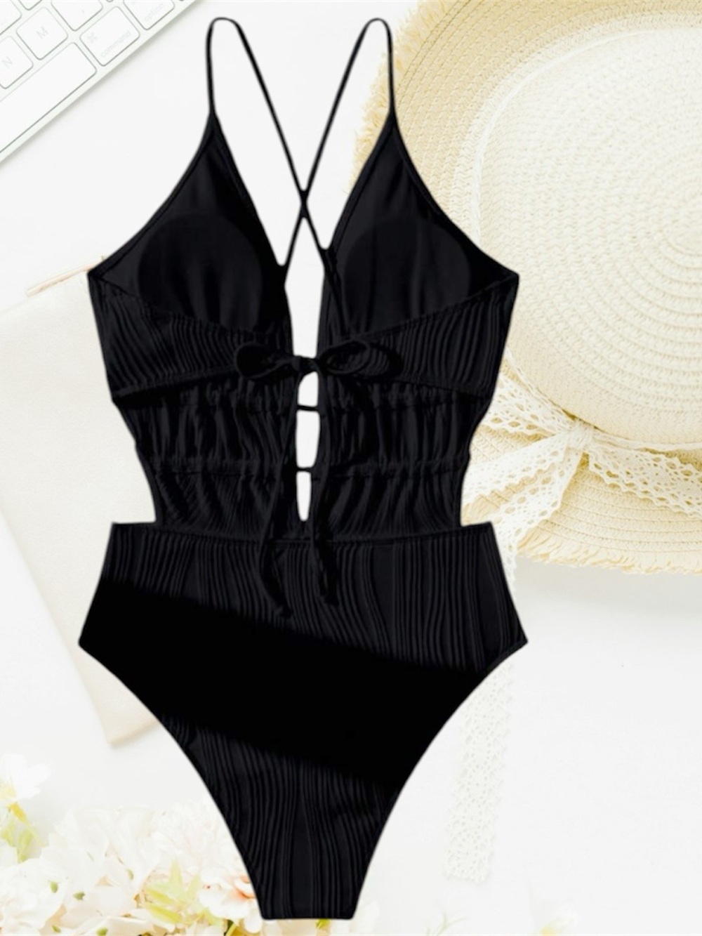 🌙✨NWOT SHEIN Women’s Black Textured One-Piece Swimsuit with Strappy Back - Picture 5 of 9